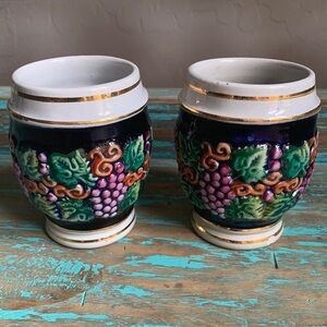 Vintage Corzelius Stoneware Wine Cups Set Grapes Leaves Decorative Ornate